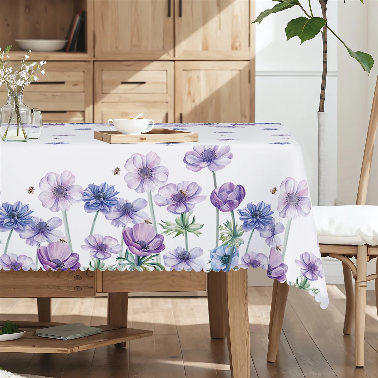 Purple Silver Lotus Bee Rectangle Tablecloth Holiday Party Decor Spring Watercolor Floral Dining Table Cloth Wedding Decorations