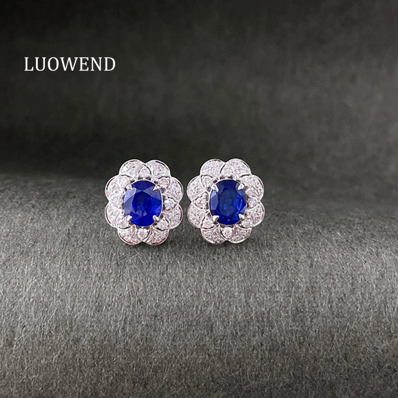 LUOWEND 100% 18K White Gold Earrings Elegant Flower Design Shiny Diamond Natural Sapphire Earrings for Women Wedding Jewelry