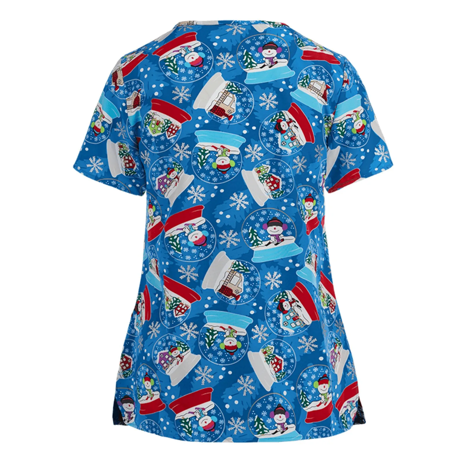 Sanitary Uniform Woman Cute Snowman Prints V-Neck Short Sleeve Pockets Christmas Tops Clinical Uniforms Woman