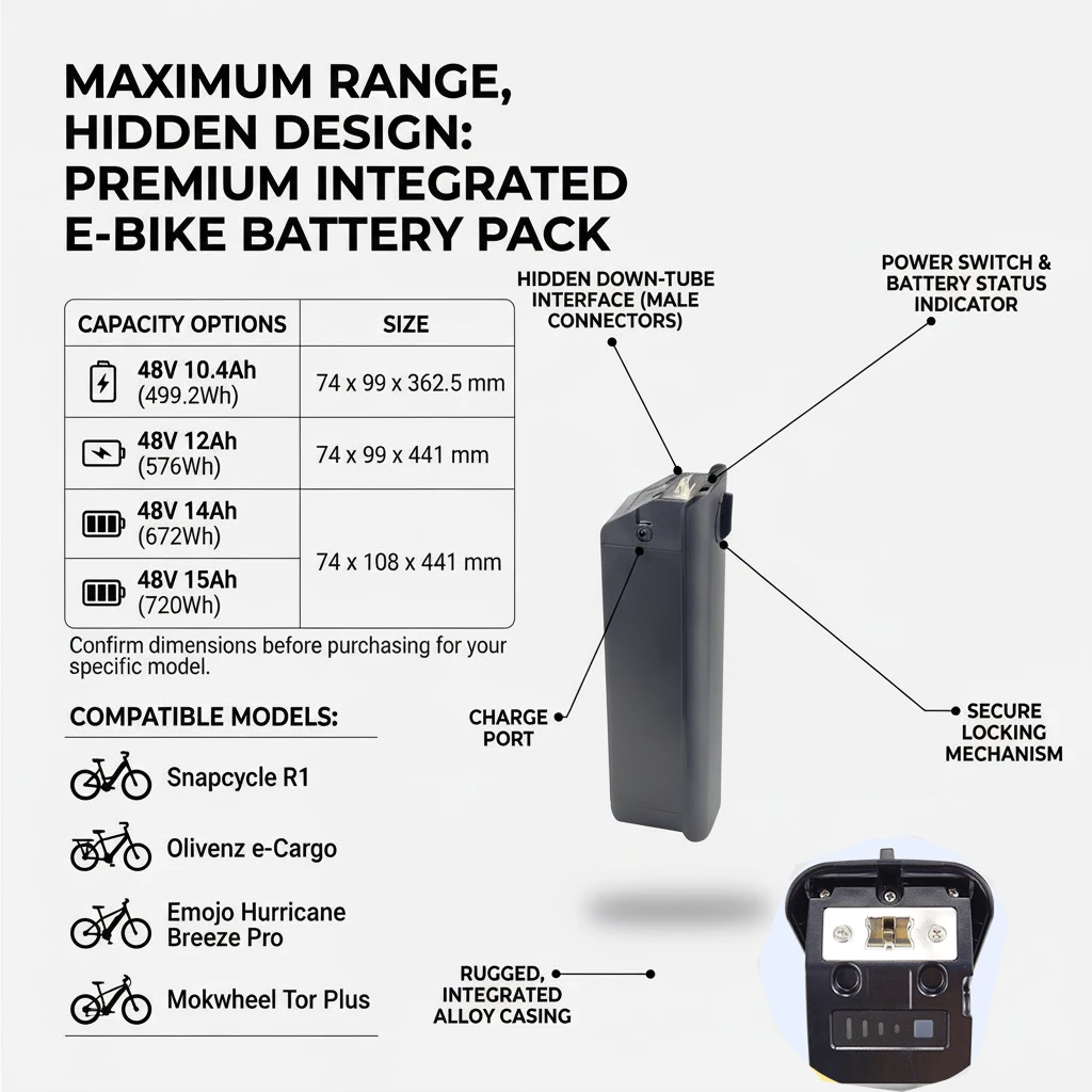 

Snapcycle R1 Olivenz e-Cargo E-bike Battery 48V 13AH 14AH for Emojo Hurricane Breeze Pro Mokwheel Tor Plus Electric Bike