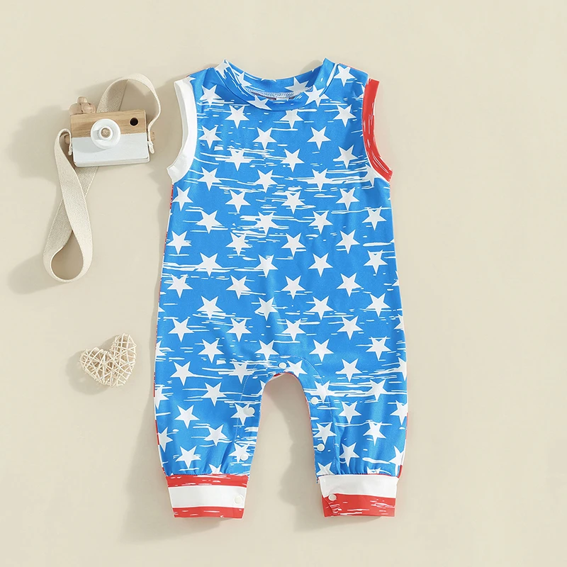 

Infant Boys Patriotic Sleeveless Romper with Crew Neck Stripes Stars Print - Casual Jumpsuit for Independence Day