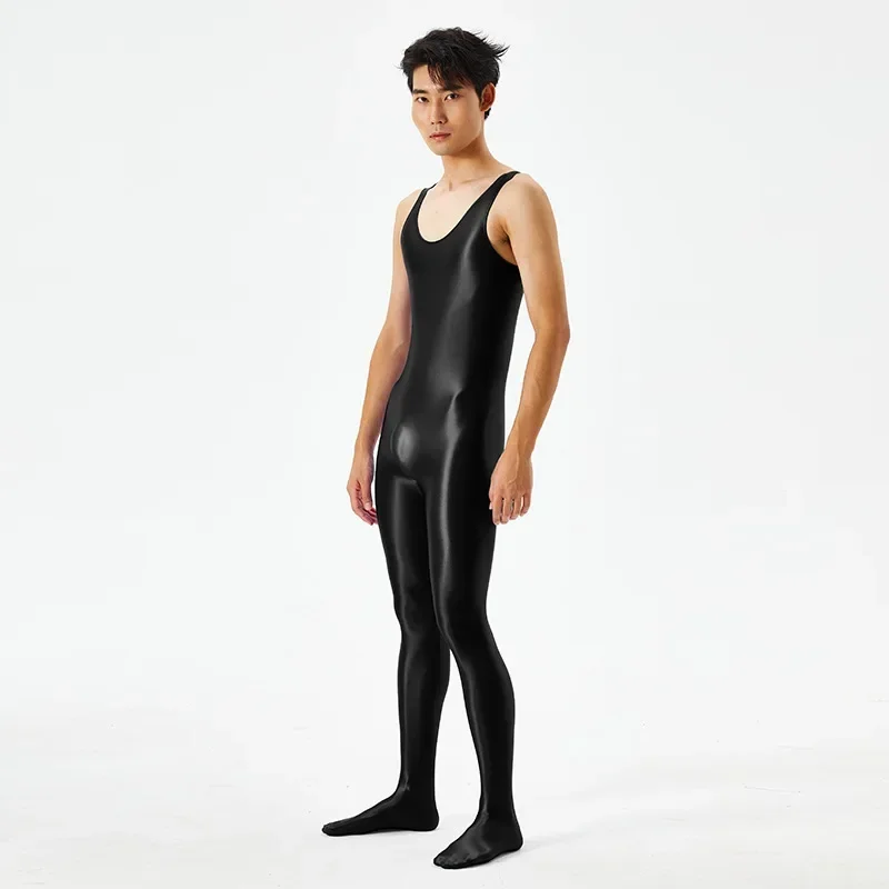 Plus-size Oily Luster Silky Jumpsuits for Men and Women with High Elastic Open Gear Free Sexy Transparent Breathable Tight