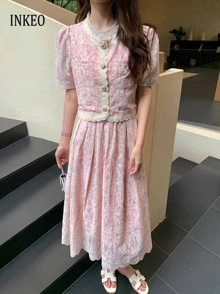 

Elegant Lace embroidery tops and High waist pleated skirt Women's 2025 Summer Streetwear Floral 2 Piece set Ladies INKEO 5D196