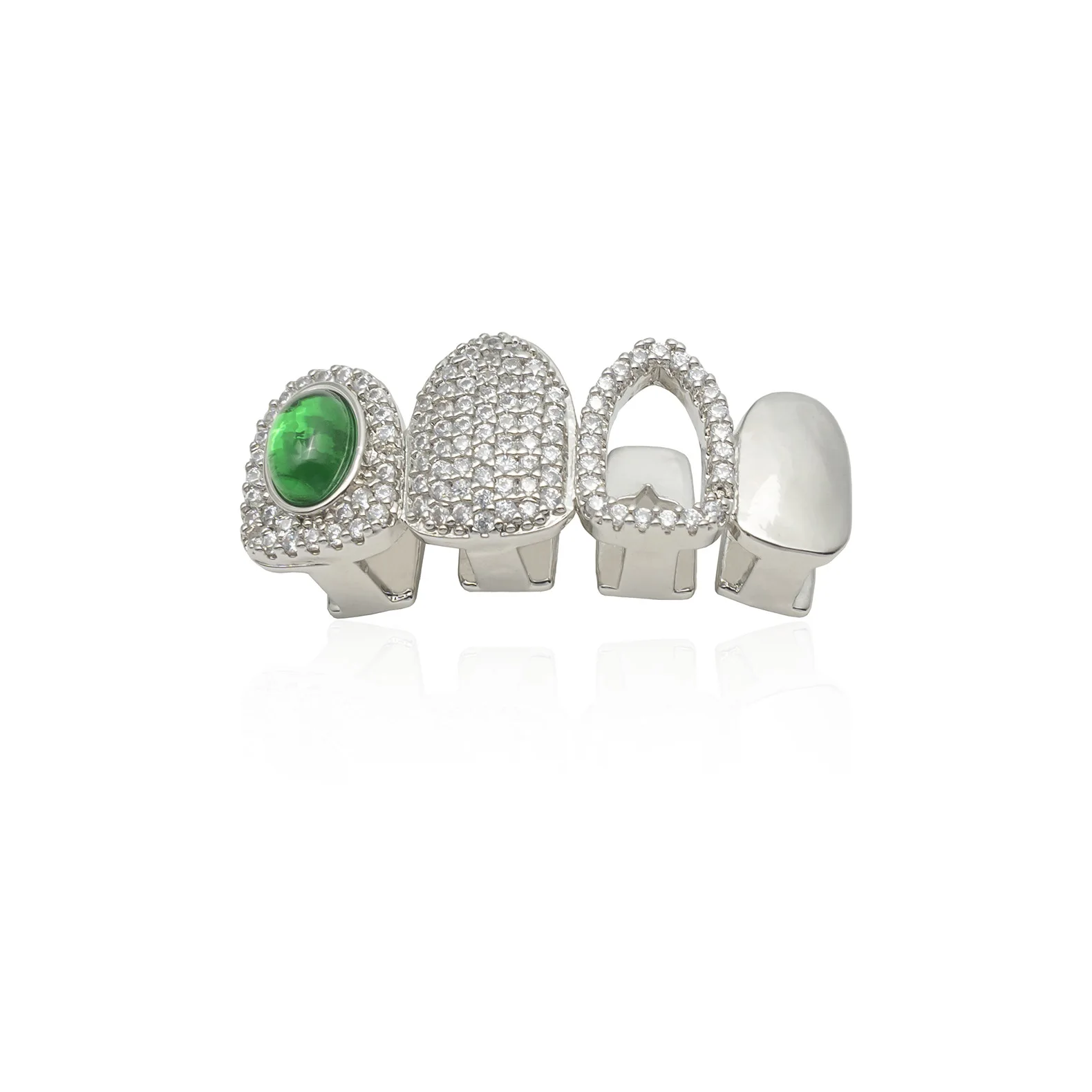 

Vintage 4 Green Stone Hollow Teeth Grillz Hip Hop Rapper Glossy Shiny Zircon Tooth Caps For Women Men Body Jewelry
