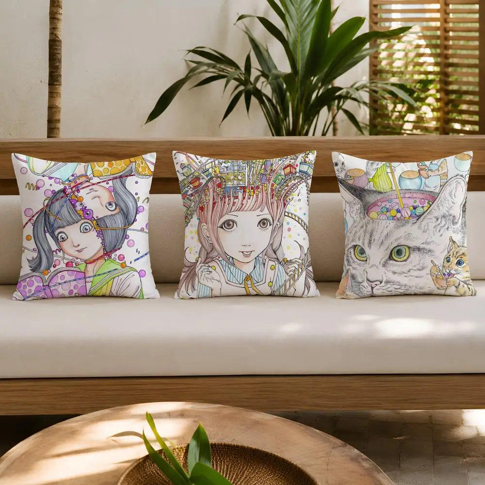Art Horror Art S-Shintaro Kago Cushion Cover Double-Sided Plush Sofa Cushion Covers Organic Breathable Invisible Zipper