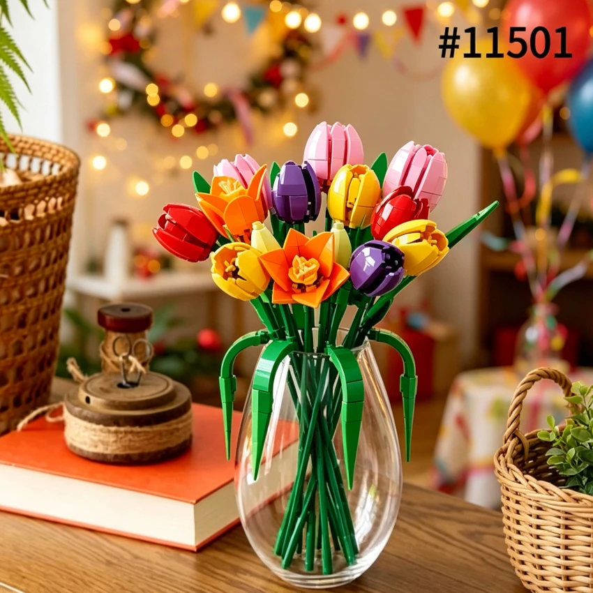 Nouveau bouquet de tulipes botaniques décoratif, compatible avec Legoed 11501, cadeaux de Noël et d'anniversaire, ornements de maison DIY