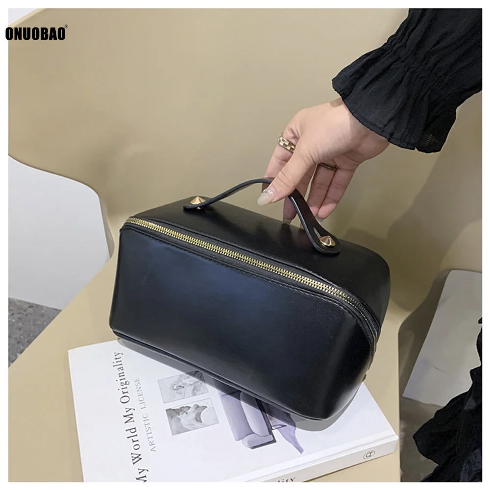 Upgrade Full Leather Makeup Bag for Ladies Luxury Organ Pillow Bag PU Cosmetic Bag Large Travel Bag