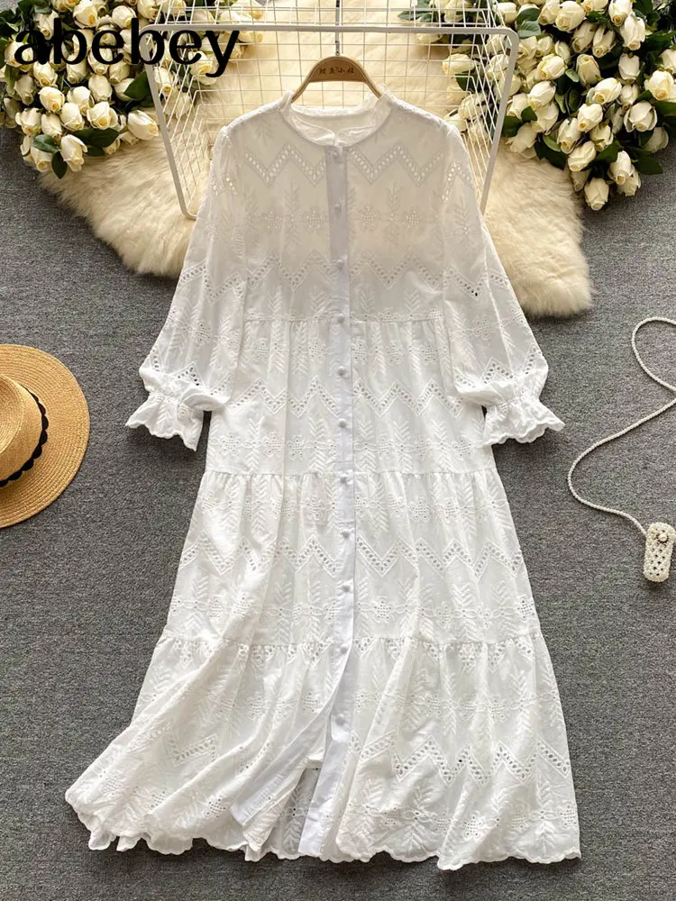 White/Green/Blue Summer New Lace Embroidery Dress Women Long Sleeves Dresses Female Vintage Party Beach Maxi Long Dresses