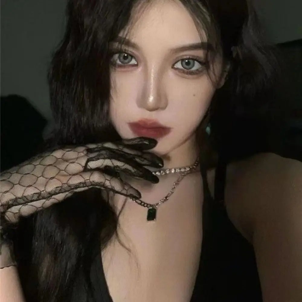 Gothic Black White Lace Gloves Soft Elastic Ruffle Edge Mesh Gloves Flower Pattern Bow Thin Mittens Cosplay Event