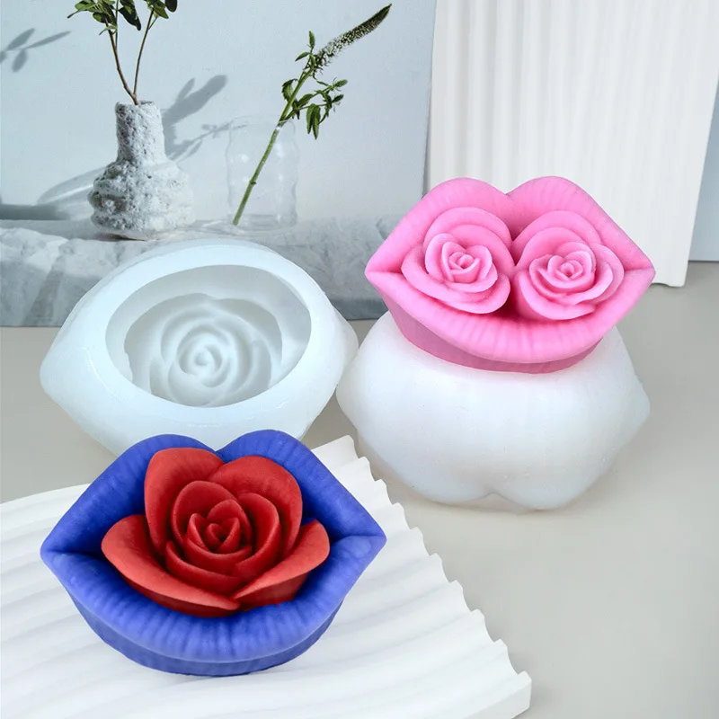Lippenförmige Blume Silikon Kerze Form 3D Blume Rose Seife Gips Handwerk Zement Harz Seife Herstellung Form Valentinstag Geschenk