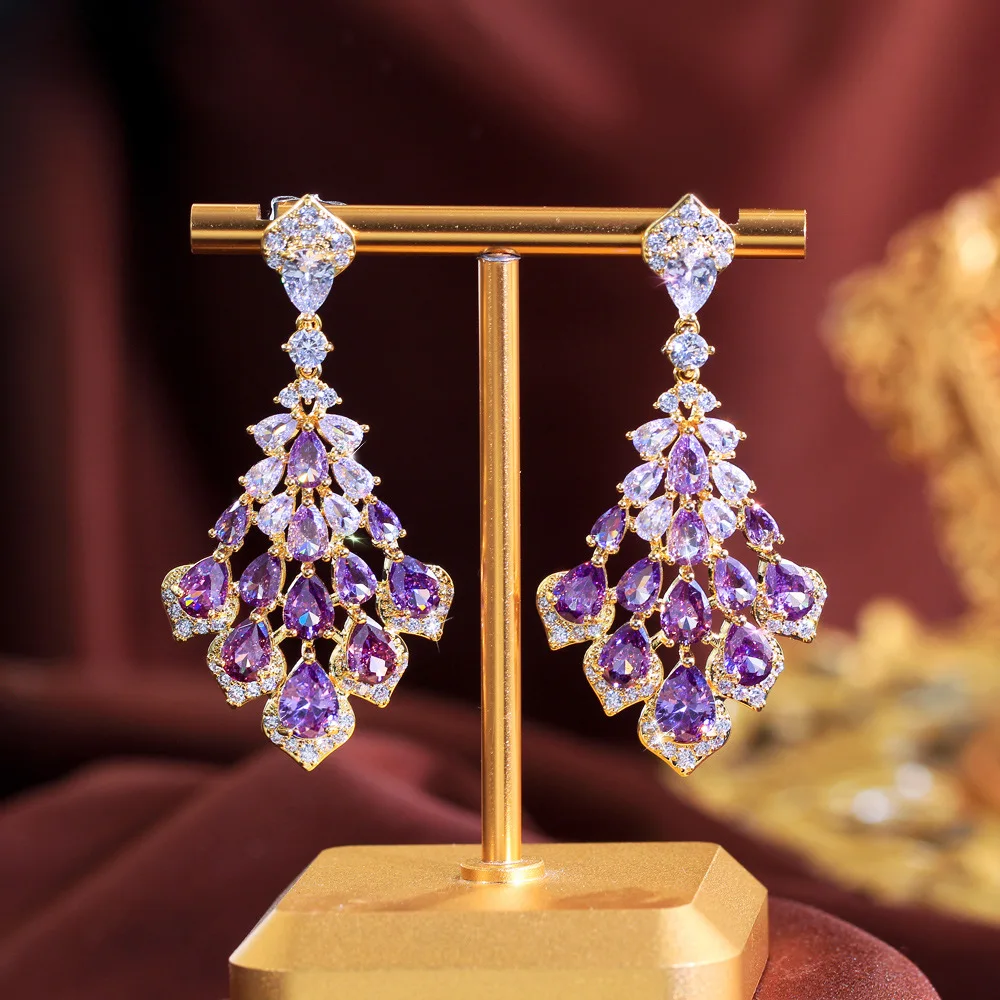 

Elegant Jewelry French Vintage S925 Silver Needle Rhombus Feather Tassel Earrings with Super Shiny Zircon Inlay