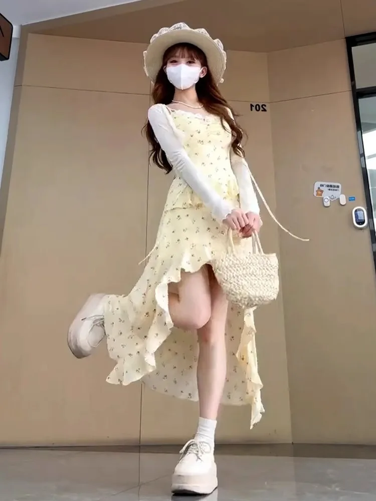 Summer New Yellow off oulder Floral Print Maxi Dr Irregular Hemline Women's Holiday Wear High Waist Svel Gown