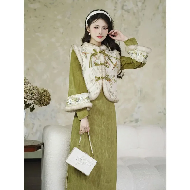 Chinese Vintage Ladies Cheongsam Dress White Velvet Vest Green Dress Modified Modern Qipao Women Elegant Evening Dress