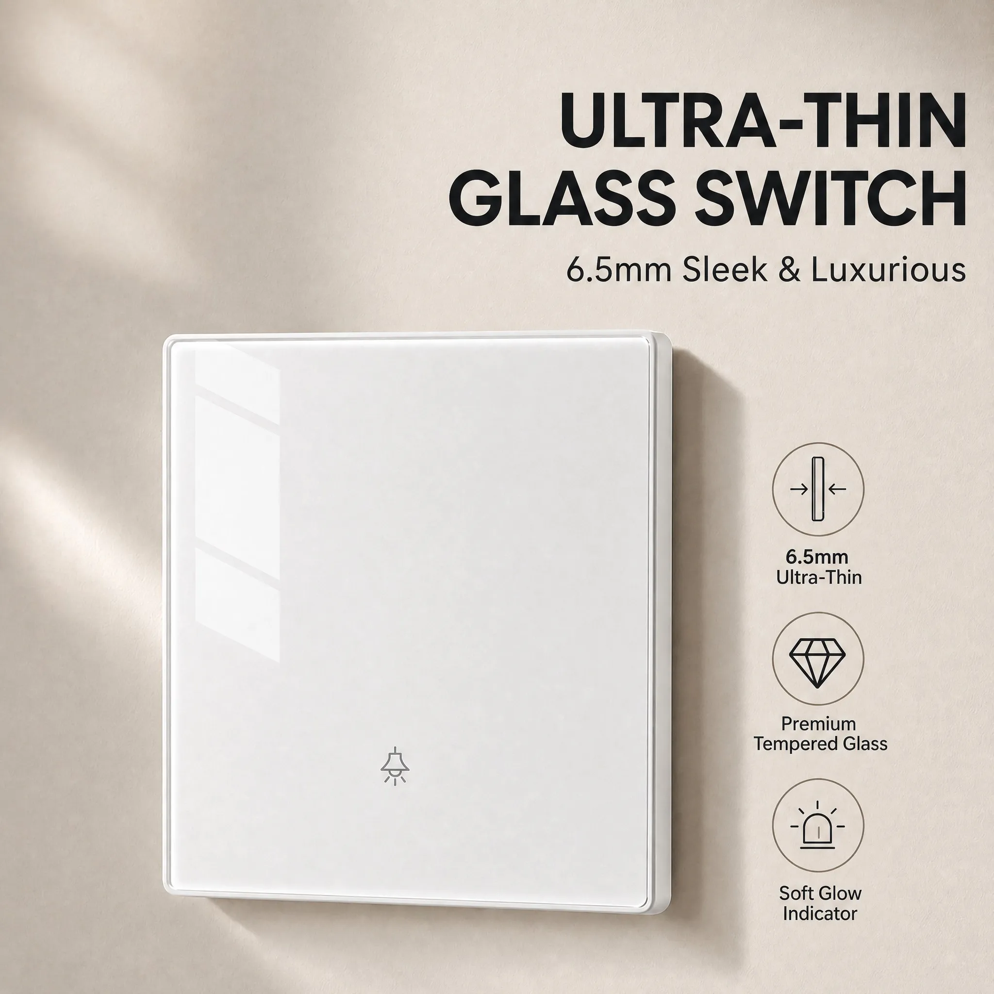 Ultra Thin White Tempered Glass 86x86mm Wall Light Switch 1 Gang Push Button ON/OFF Panel Modern Minimalist Home Hotel