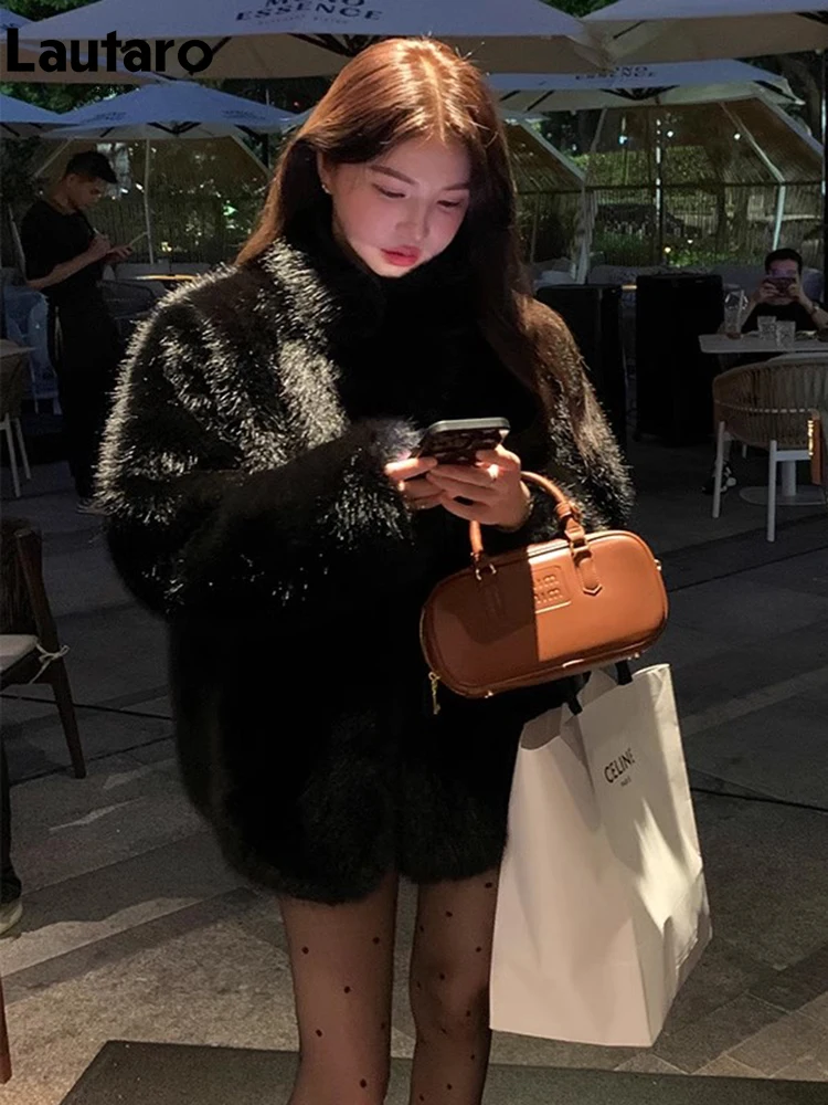 Lautaro Autumn Winter Black Soft Thick Warm Hairy Shaggy Faux Fox Fur Coat Women Stand Collar Long Sleeve Fluffy Jacket 2023