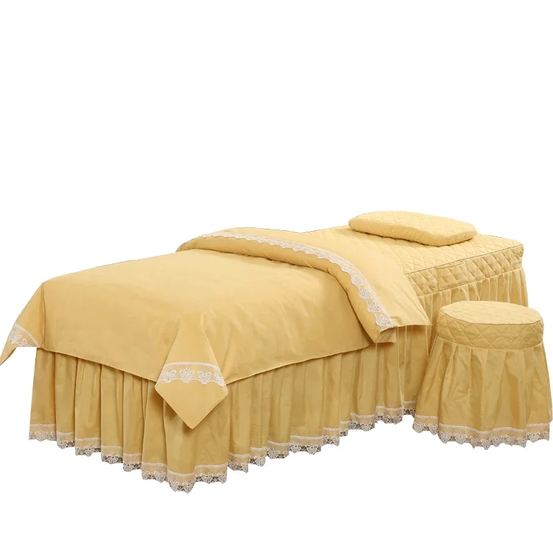 Lace Edged 4pcs Beauty Salon Bedding Sets Massage Bed Cover Spa Bedskirt, Pillowcase, StoolCover, Dulvet Cover Beauty Bed Covers