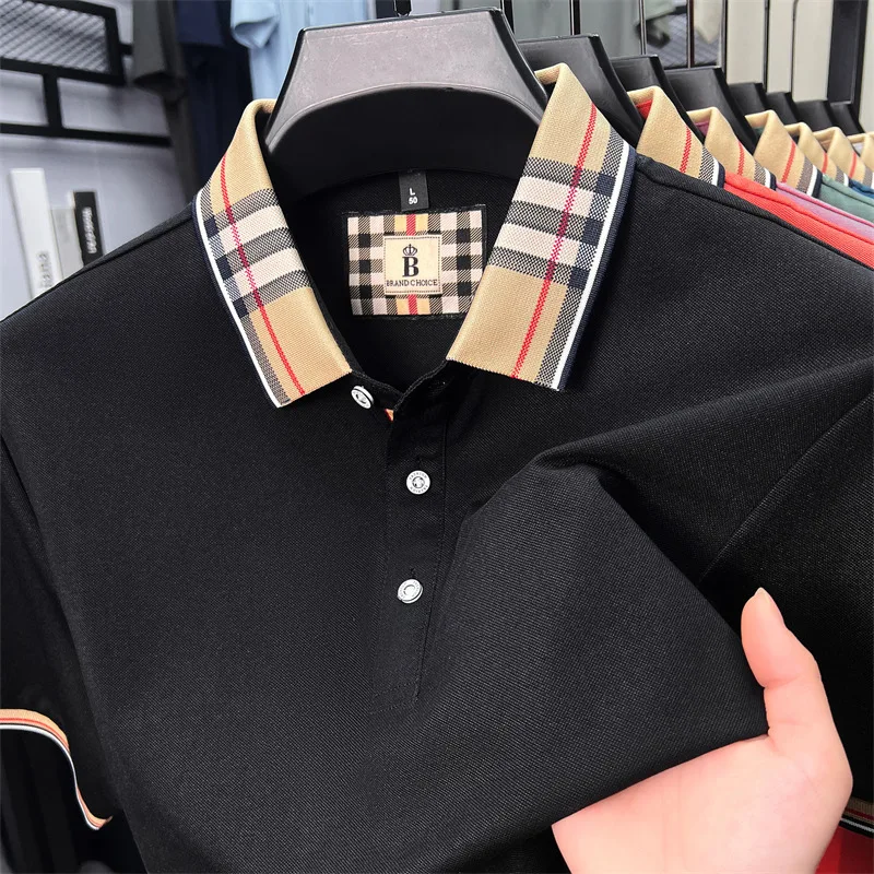 Polo de manga corta de marca de lujo para hombre novedad de verano camiseta transpirable de algodón de seda a la moda camiseta informal de negocios con solapa a cuadros