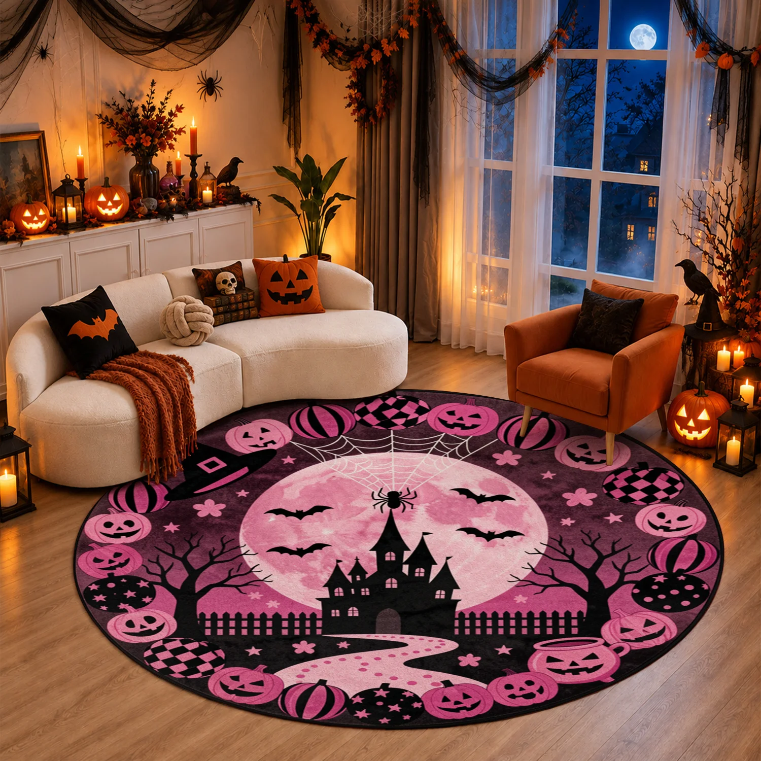 Pink Halloween Haunted Castle Pumpkin Bat Spider Web Design Velvet Round Rug Machine Washable for Living Room Bedroom Entryway Perfect for Halloween Thanksgiving Christmas New Year Festive Decor