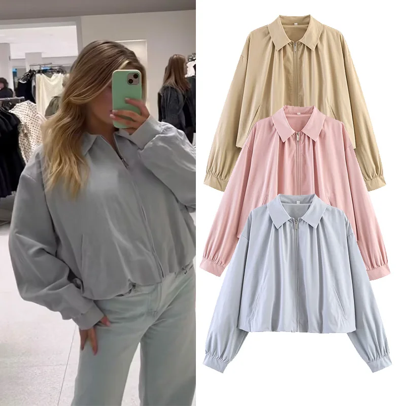

Women's Bomber Jacket New 2026 Spring Casual Long Sleeve Turn-Down Collar Balloon Hem Solid Women Coat Female Chic Zipper Tops