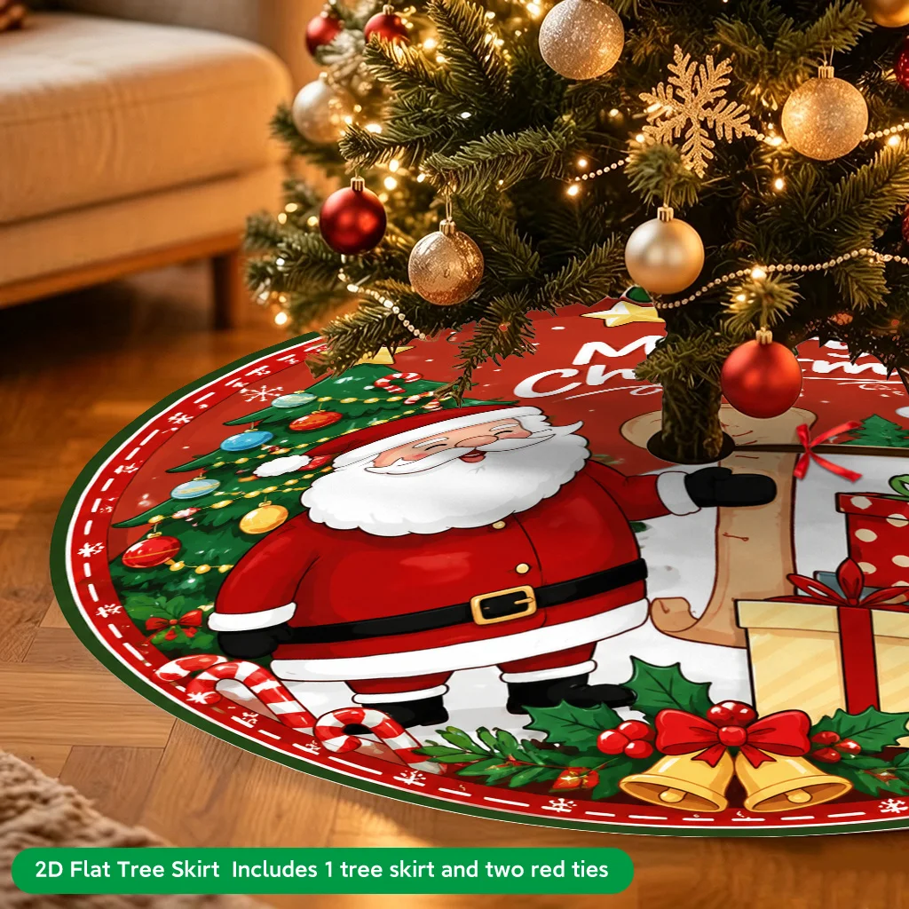 VIKAMA Christmas Tree Skirt Santa Claus Snowman Gift Box Bell Candy Cane Holly Print NonSlip Round Xmas Tree Base Home Decor Mat