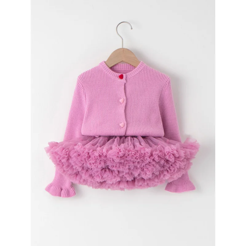 

Girls' Peony Pink Sweater Set, New Spring and Autumn StyletutuChildren's colorful heart-button lace cardigan is trendy