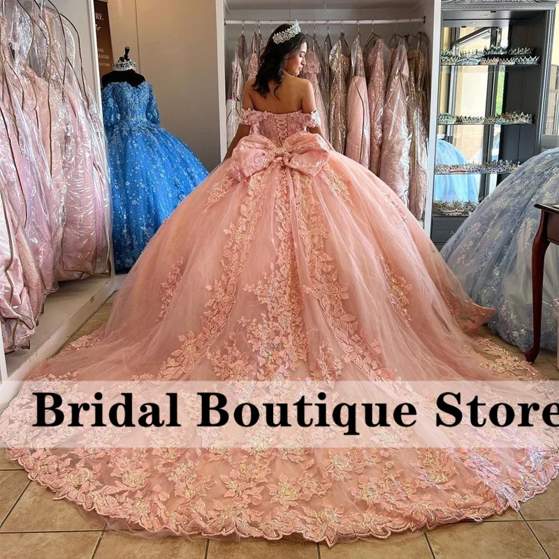 Bầu Trời Màu Xanh Bóng Gown Quinceañera Dresses 2022 Bow Tắt Vai Đính Cườm Appliques Sequins Ngọt Ngào 16 Váy Vestidos De 15 Letih 2023