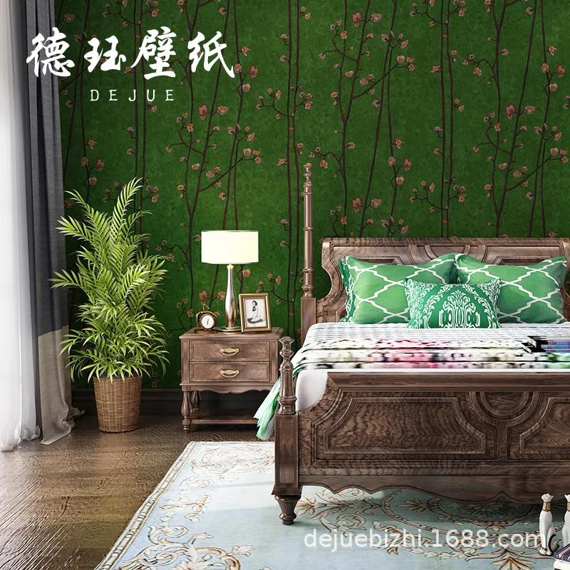 American country vintage green floral wallpaper red French style living room bedroom TV background wall decor for home