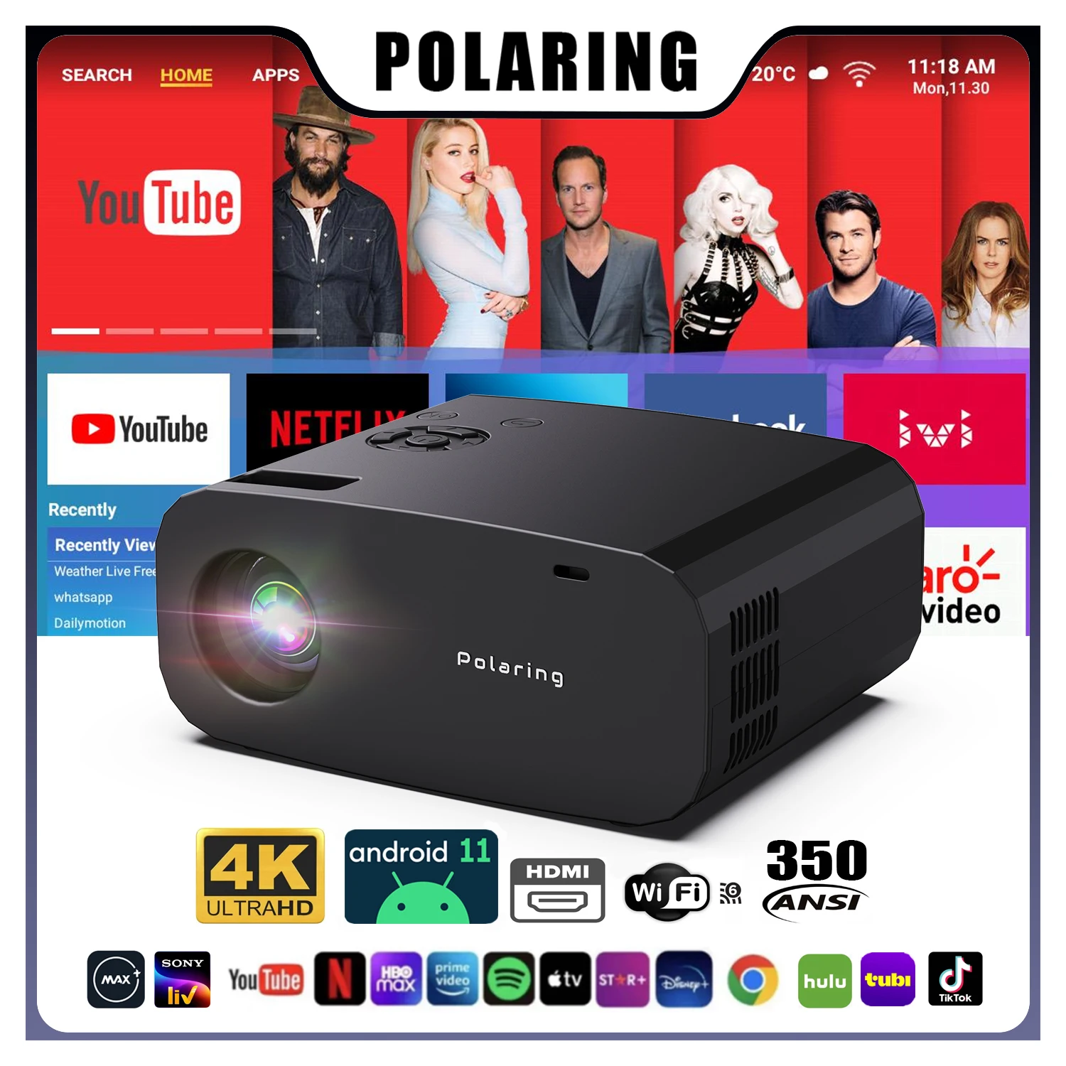 POLARING-Projecteur P7 Pro Android 16G 1080P, Décodage Complet 4K, Défait ou Touriste, Wifi 6G, BT 300, Ansi Cinema, Home Keystone, HDMI