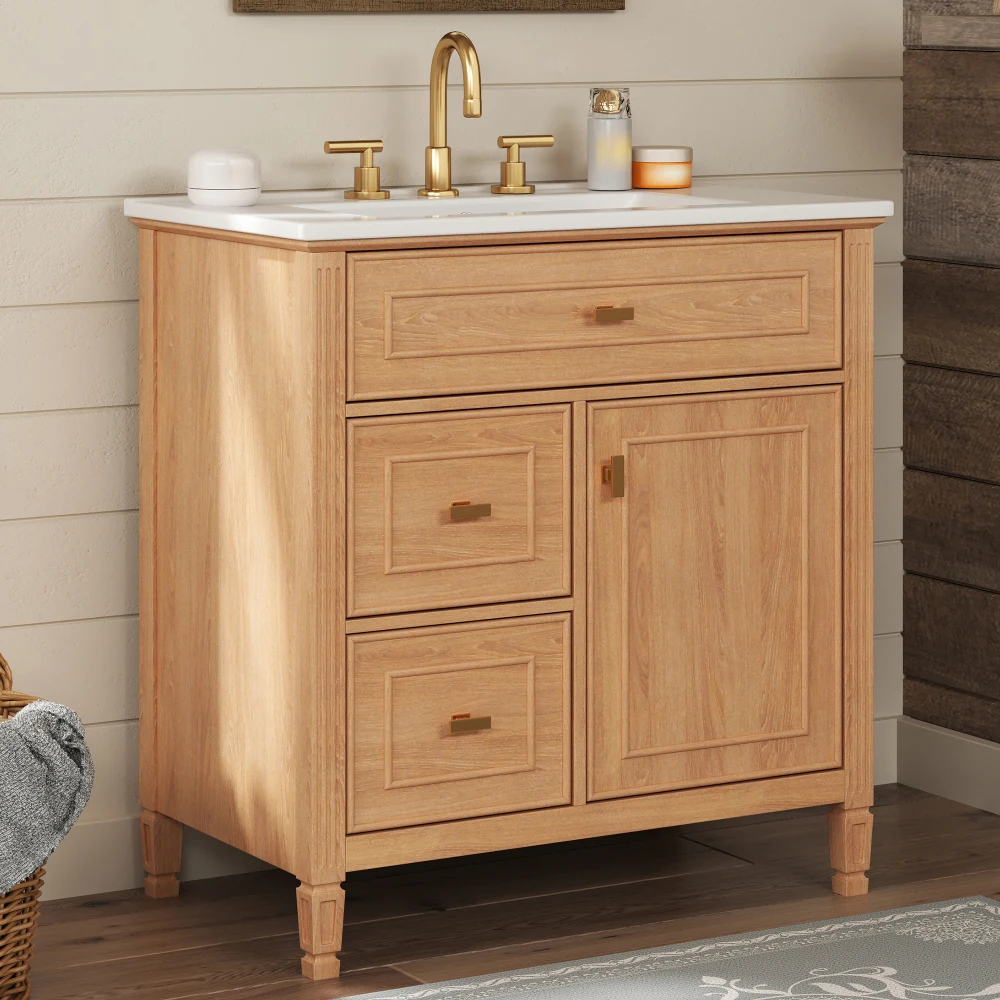 30 Inch Natural Bathroom Vanity with Sink, Solid Wood MDF Vanity Cabinet with Flip Drawer, 2 Storage Drawers & Adjustable Inner Shelf, Bathroom Storage Furniture