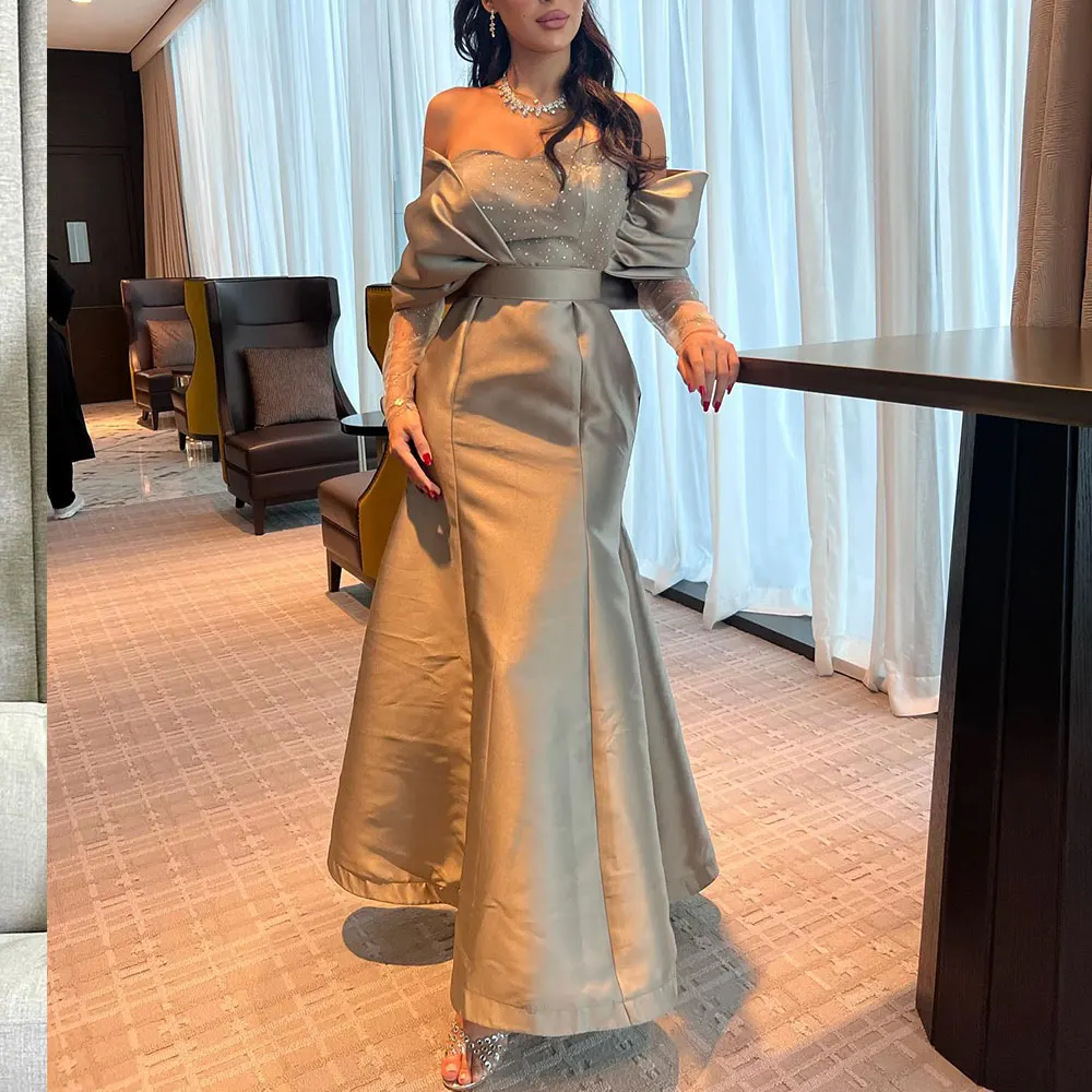 

Mermaid Party Gown Off Shoulder Lace Long Sleeve Pleated Elegant Saudi Arabian Women's Ankle-Length Dubai Formal Evening Dress