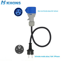 Khons EV Portable Charger Schuko Plug To CEE Blue Power Female Plug Socket Adapter Blue CEE Connect With 32A 1Phase  To 16A