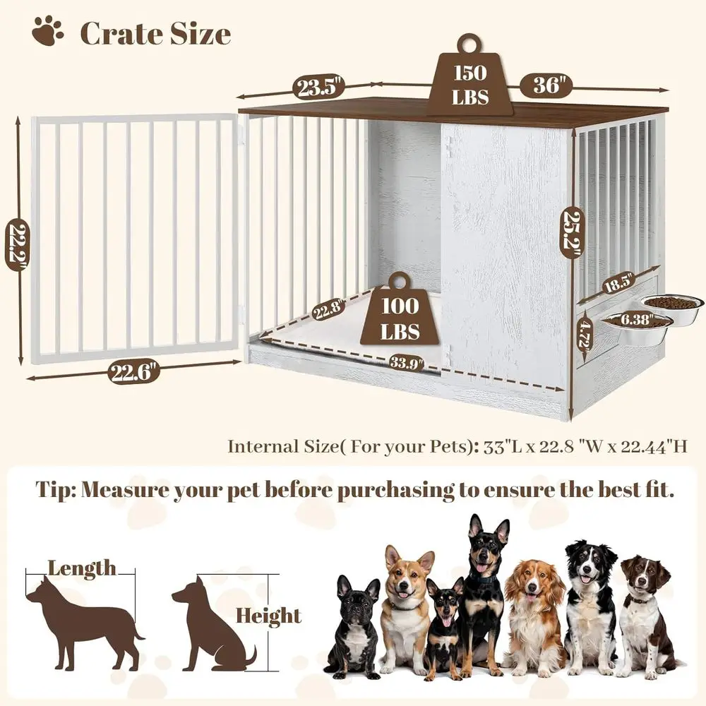 36 Heavy-Duty Indoor Wooden Dog Kennel with 270° Swivel Door, 360° Rotating Feeder, Double Locks, and Bowls, White