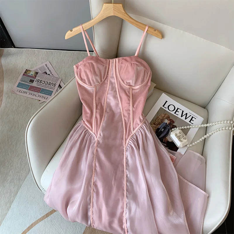 Mini Dress Women Sexy Sleeveless Pink Slim Party V-neck Spaghetti Strap Dresses Fashion Vintage Tube A-line Vestidos Female