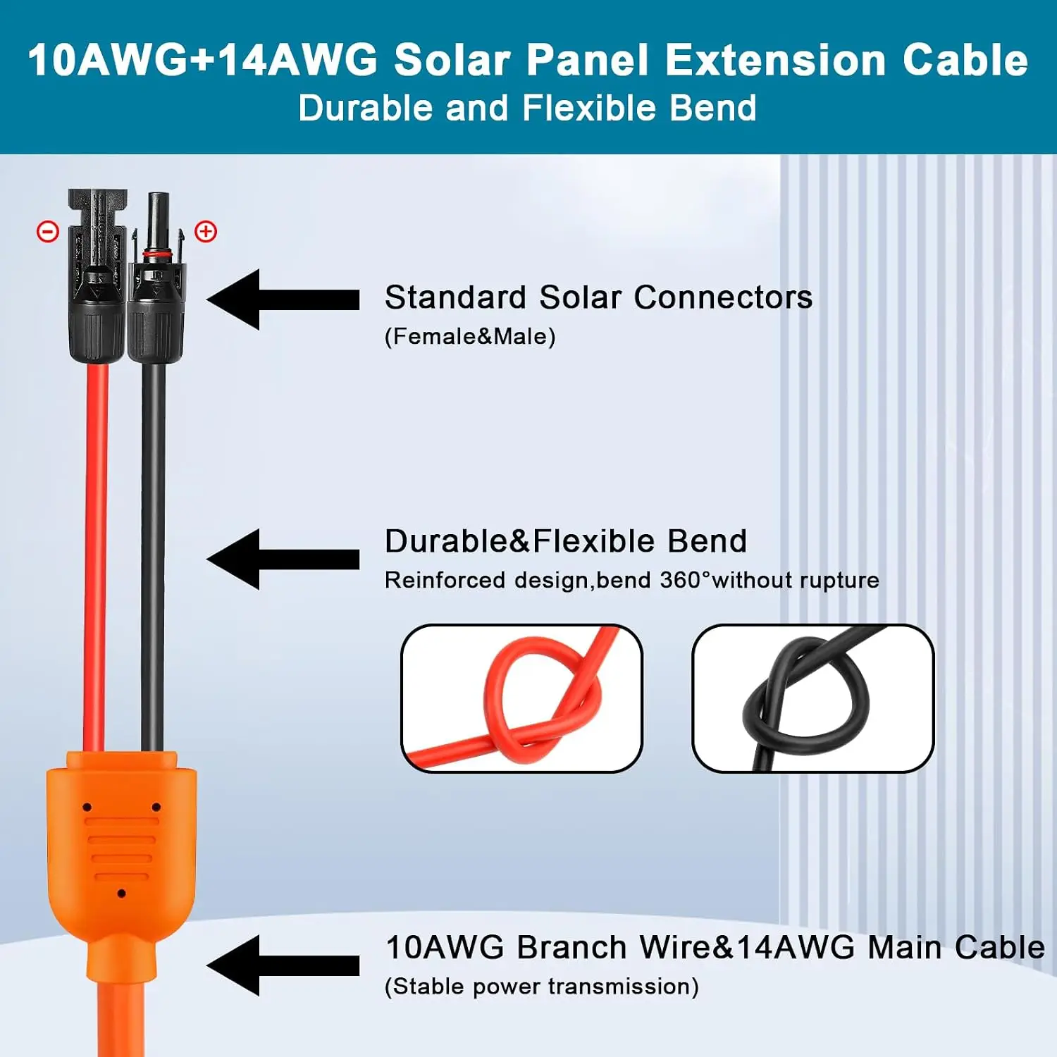 Solar Panel Extension Cable 50FT - 10AWG+14AWG Solar Wire with Female & Male IP68 Waterproof Connector for RV, Photovoltaic