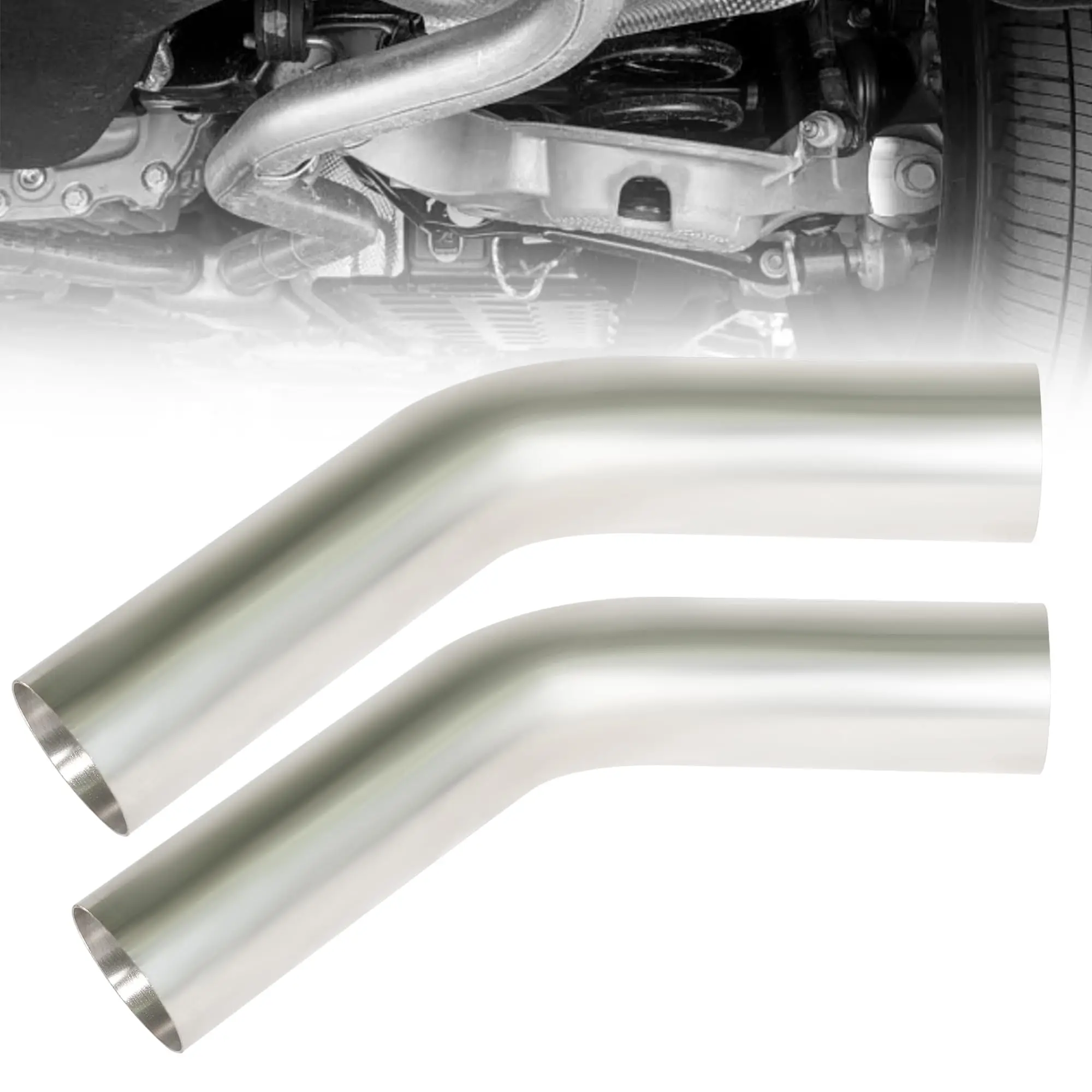 

Two Universal 2.5 Inch Stainless Steel 45° Mandrel Bent Exhaust Elbows, 5.9 Inch Leg, 1.25mm Wall Thickness
