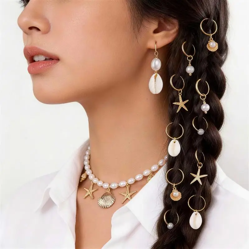 Sea Shell Braided Hair Rings 1 Set Bohemian Lightweight Hair Buckles Trendy Hair Clips for Girls Music Festival Party Wear