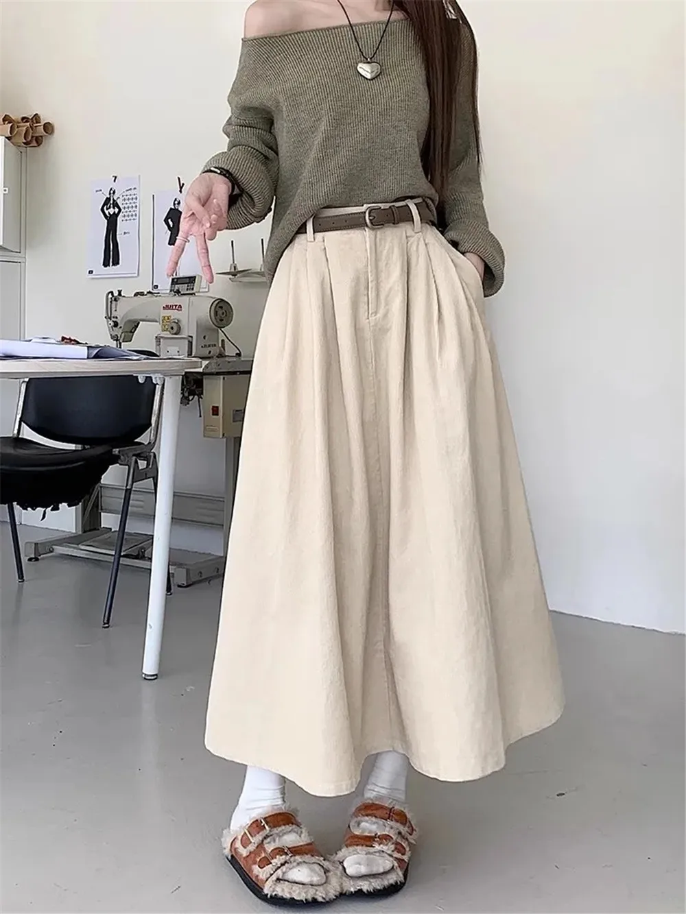 Vintage A-Line Women Corduroy Pleated Skirt Pockets Patchwork High Waist Long Skirt Korean Spring Winter Streetwear Autumn Retro