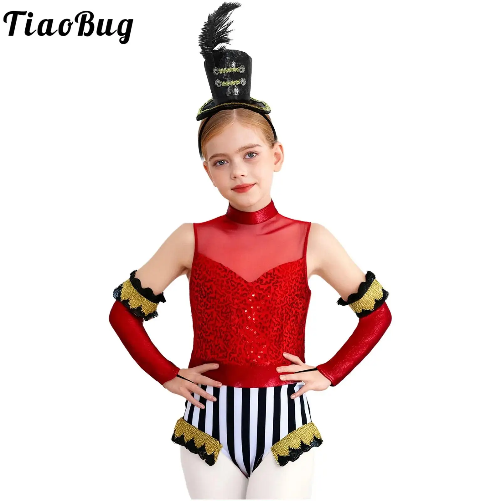 

Kids Girls Circus Patchwork Sequins Costumes Halloween Ringmaster Dress Up Jazz Dancewear Sleeveless Jumpsuit and Oversleeves