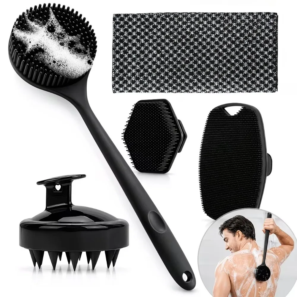 5/4/3/2/1Pcs Body Bath Brush Set Long Handle Back Shower Brush Silicone Exfoliating Scrubber Shampoo Scalp Massager Bathroom