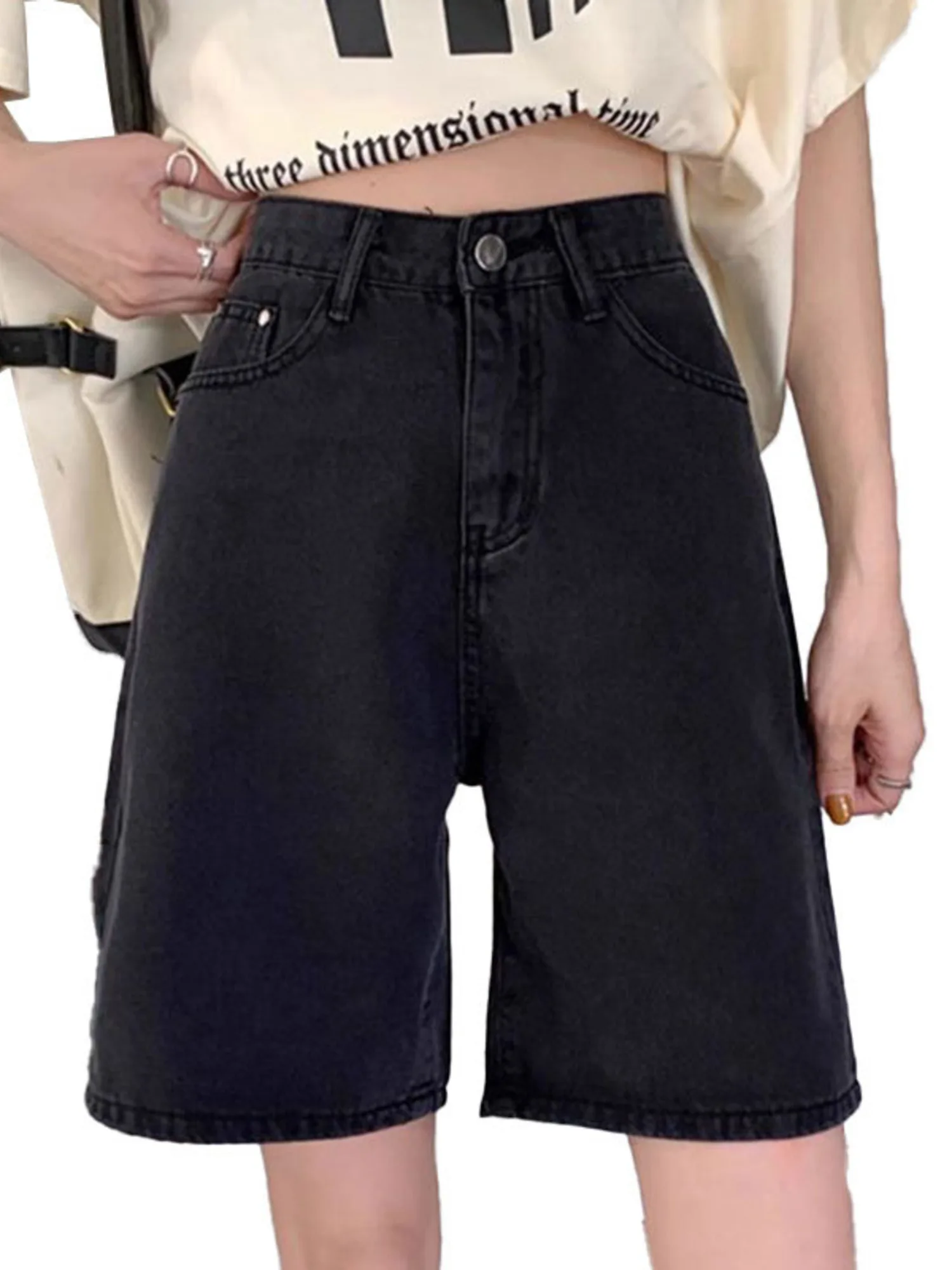 Women's High Waist Baggy Denim Shorts Vintage Washed Loose Fit Raw Hem Knee-Length Shorts