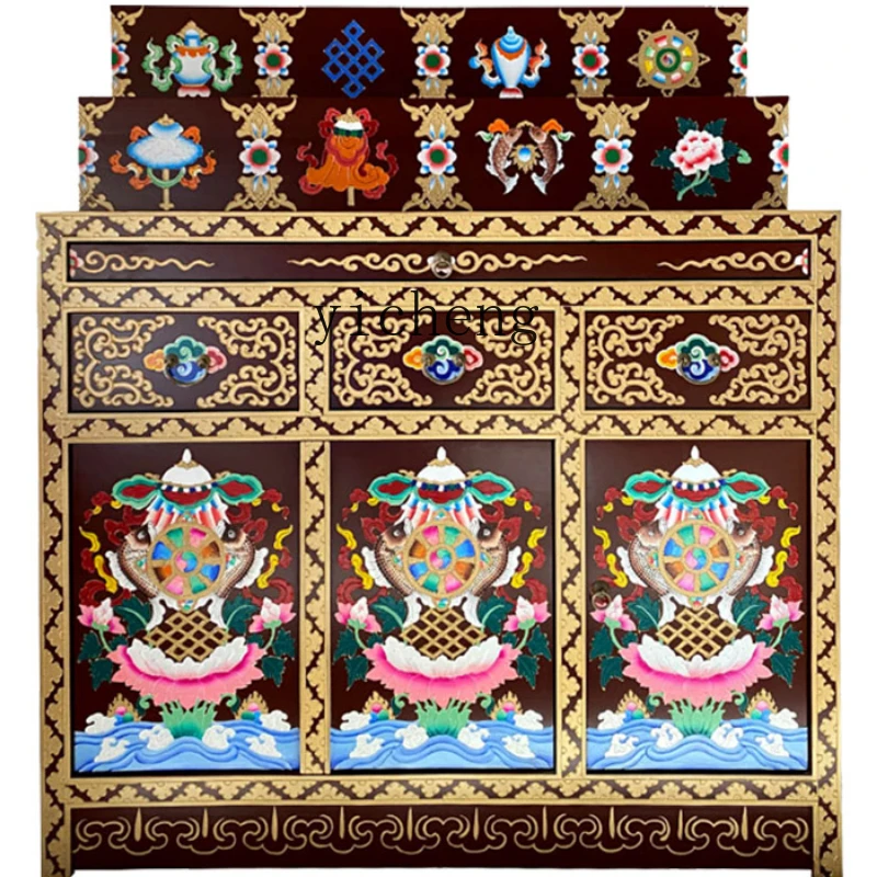 Zf Solid Wood Hand-Painted Three-Layer Desk Tibetan Buddha Cabinet Buddha Table Home Economical