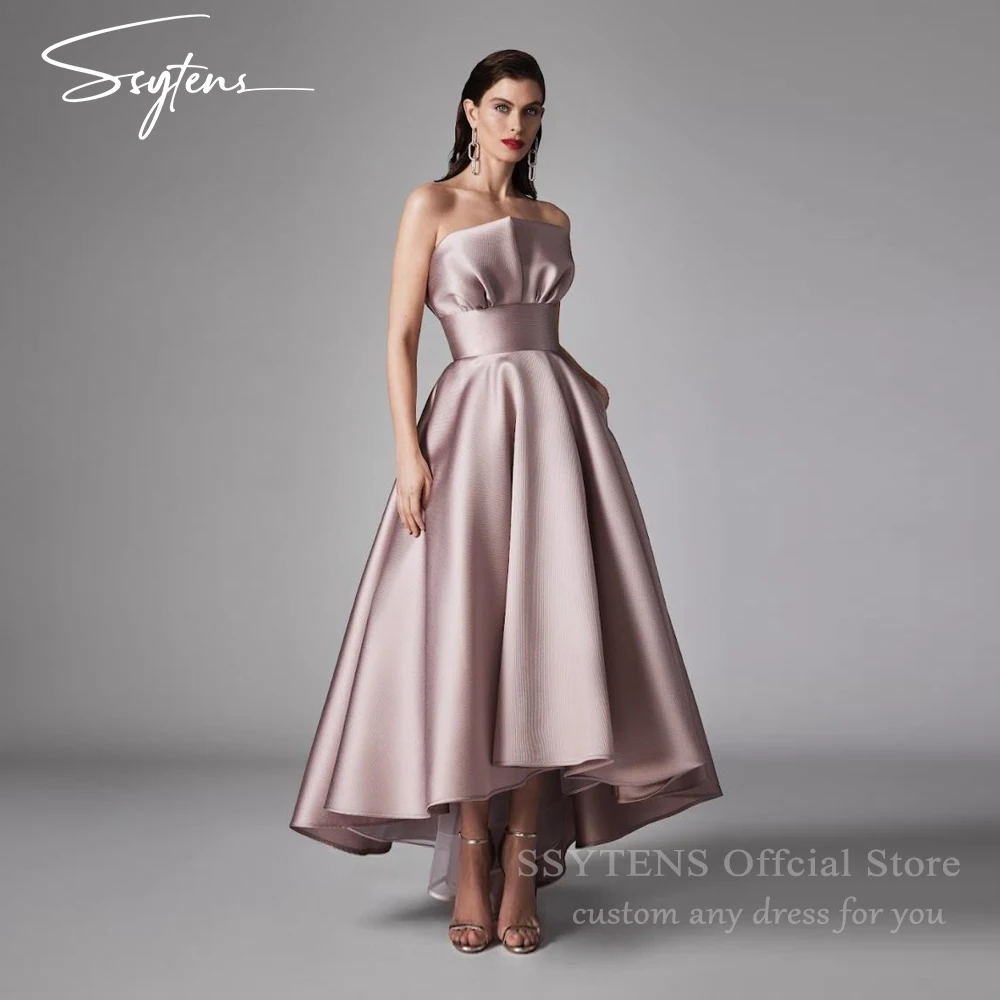 

SSYTENS Customized High-Low Satin Evening Dress A-Line Pink Asymmerical Length Strapless Formal Occasion Prom Dresses for Women