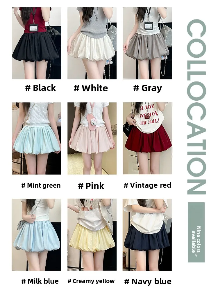 White High Waist Summer Skirt for Women, A-Line Puffy Mini Skirt with Safety Shorts, Pleated Flared Skirt Petite Kawaii Style