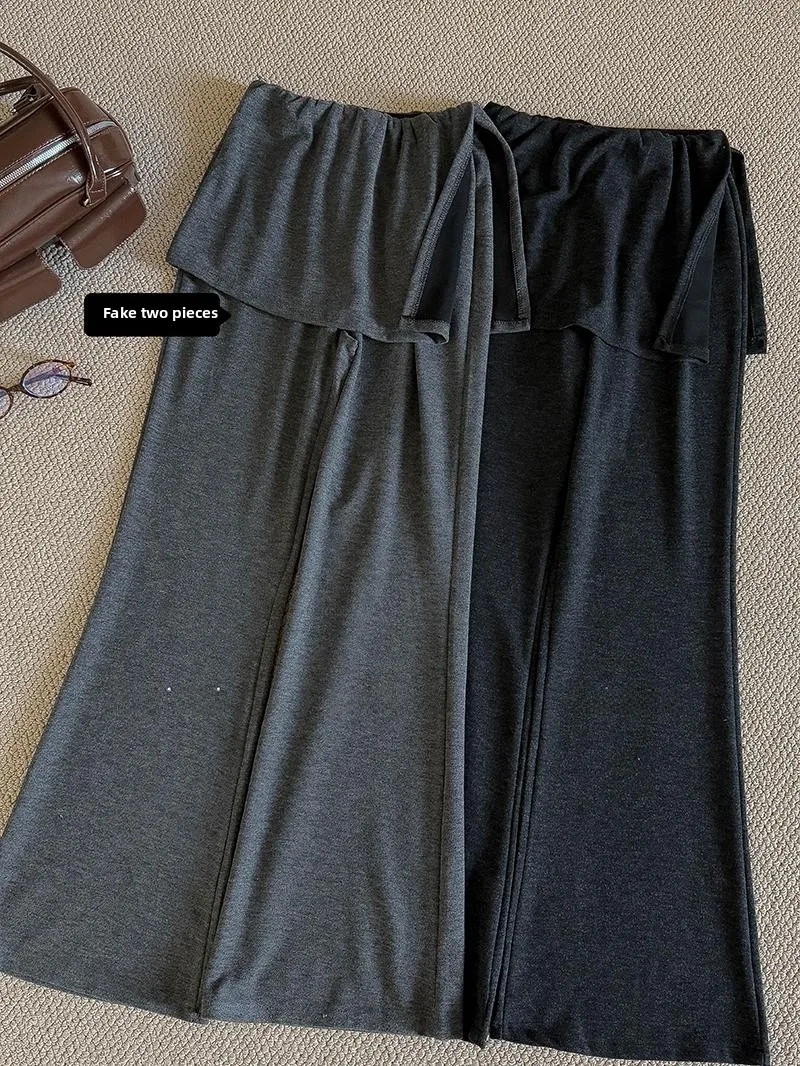

Casual Trousers Women's Loose Slimming Flared Long Pants Pure Color Brued Splicing Fake Two-Piece Korean Sle High Waist E...