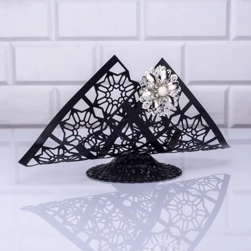 Evvehediyelikeşya Black Triangle Decorative Silver Floral Napkin Holder