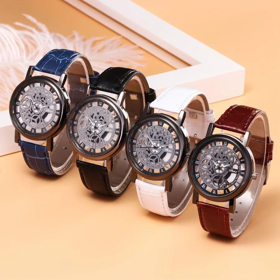 Fashion Imitation Mechanical Watch Men Hollowing Out Skeleton Watches Leather Band Quartz Wristwatches Men Relogio Masculino