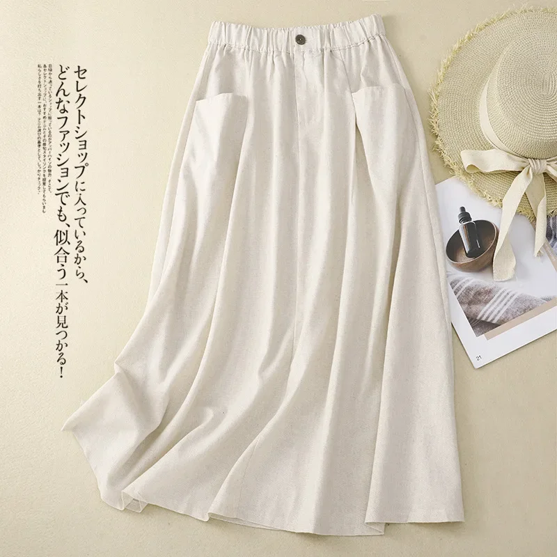 2024 New Arrival High Waist Cotton Linen Vintage Summer Skirts Pockets Office Lady Work Skirts Loose Women Casual Midi Skirts