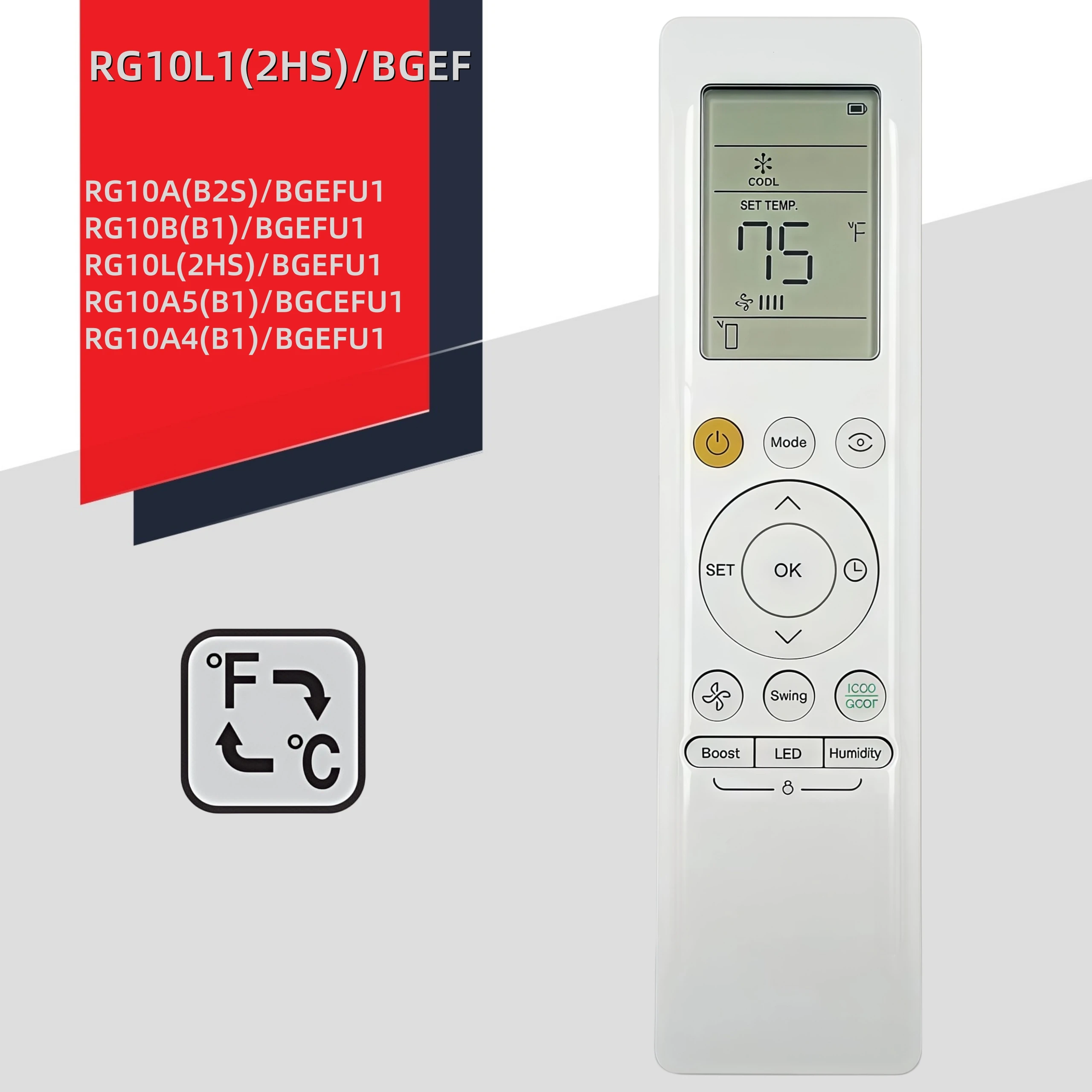 

Пульт AC Серия RG10, RG10L1(2HS)/BGEF, RG10L(2HS)/BGEFU1, RG10A5(B1)/BGCEFU1, RG10A4(B1)/BGEFU1 Для Конд. Midea, Carrier ℉/℃