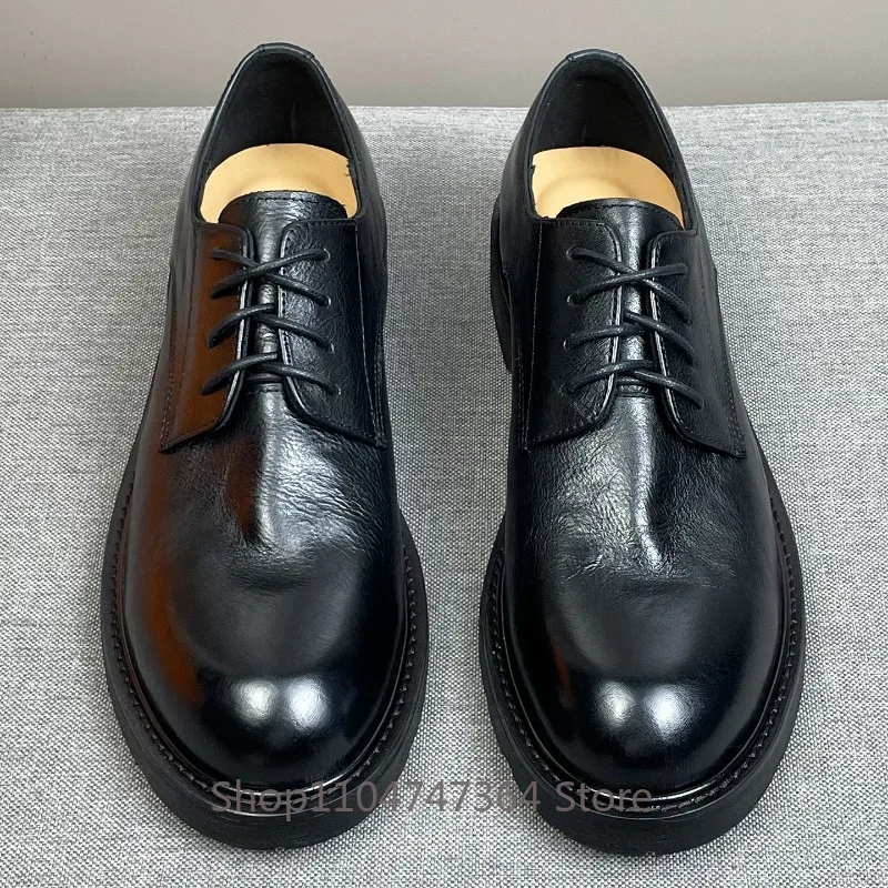 British Style Brown Genuine Leather Business Dress Leather Shoes Men's Retro Handmade Commuting Lace Up Work Wedding Shoes Male