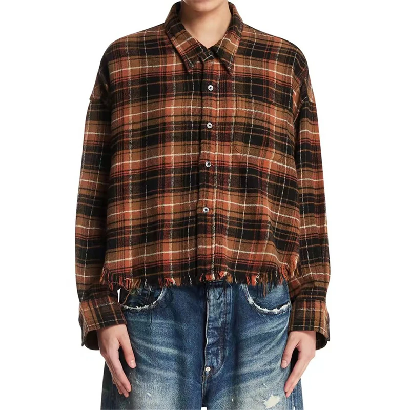 Women Vintage Plaid Cropped Shirt Jacket Autumn Winter Washed Button Down Collar Drop Shoulder Loose Fit Casual Streetwear Top